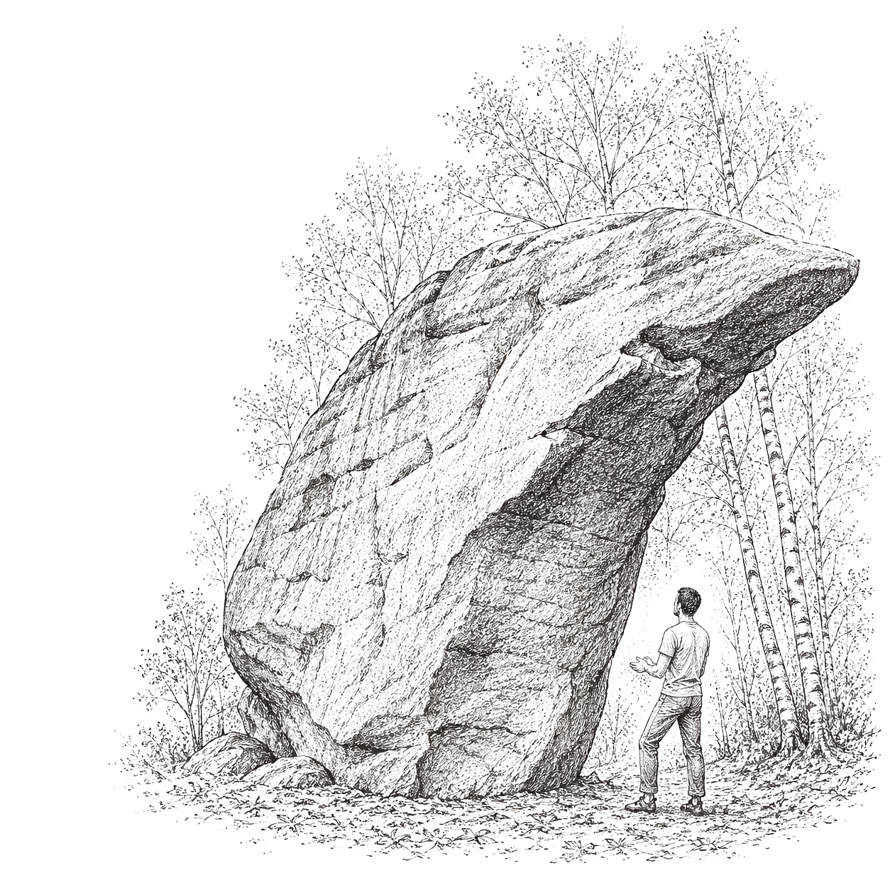 Pen-and-ink illustration of a Fontainebleau boulder with a climber silhouette at the base