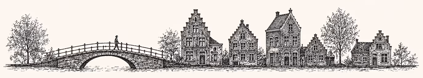 Pen-and-ink horizontal silhouette of a Dutch canal scene: stepped gables, a small bridge with a figure crossing