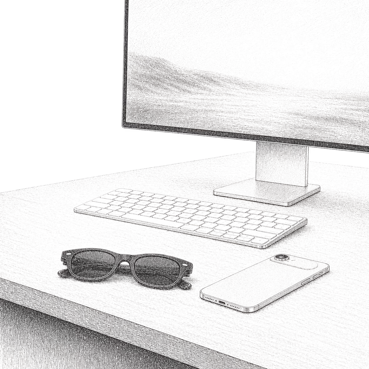 Pen-and-ink still-life: Apple Pro Display, Magic Keyboard, Meta Wayfarer sunglasses, iPhone on a wooden desk