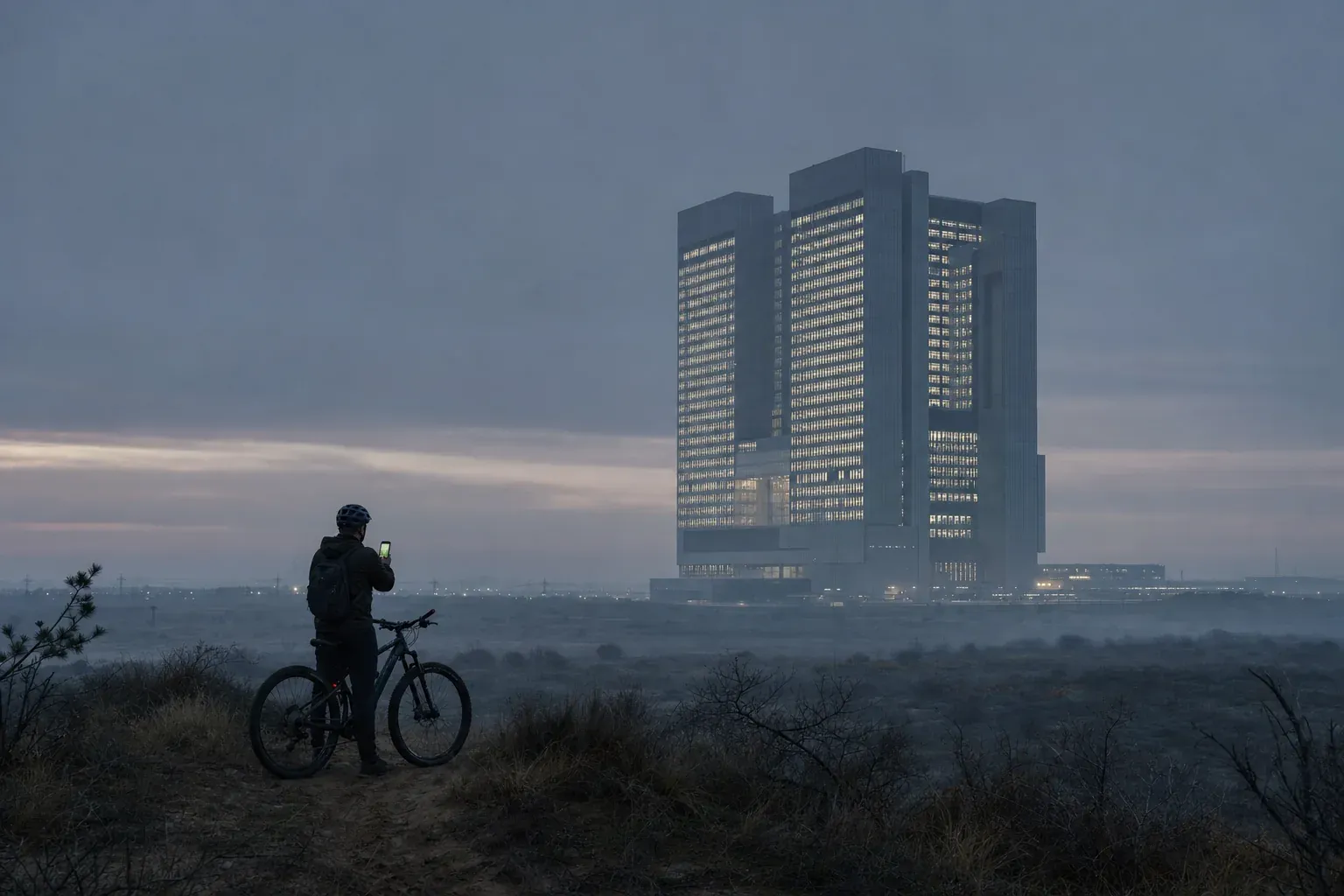 Een eenzame mountainbiker met een oplichtende telefoon staat in de schemering op een heuvel en kijkt naar een enorm kantoorgebouw aan de horizon