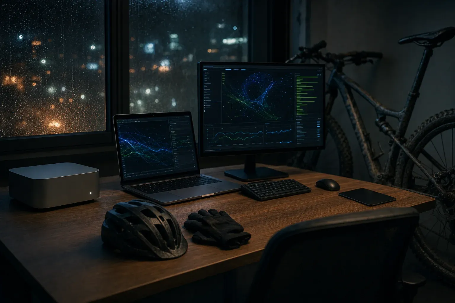 Een donkere werkkamer ’s nachts: een kleine computer, een laptop en een scherm met oplichtende grafieken, met een fietshelm en een modderige mountainbike ernaast