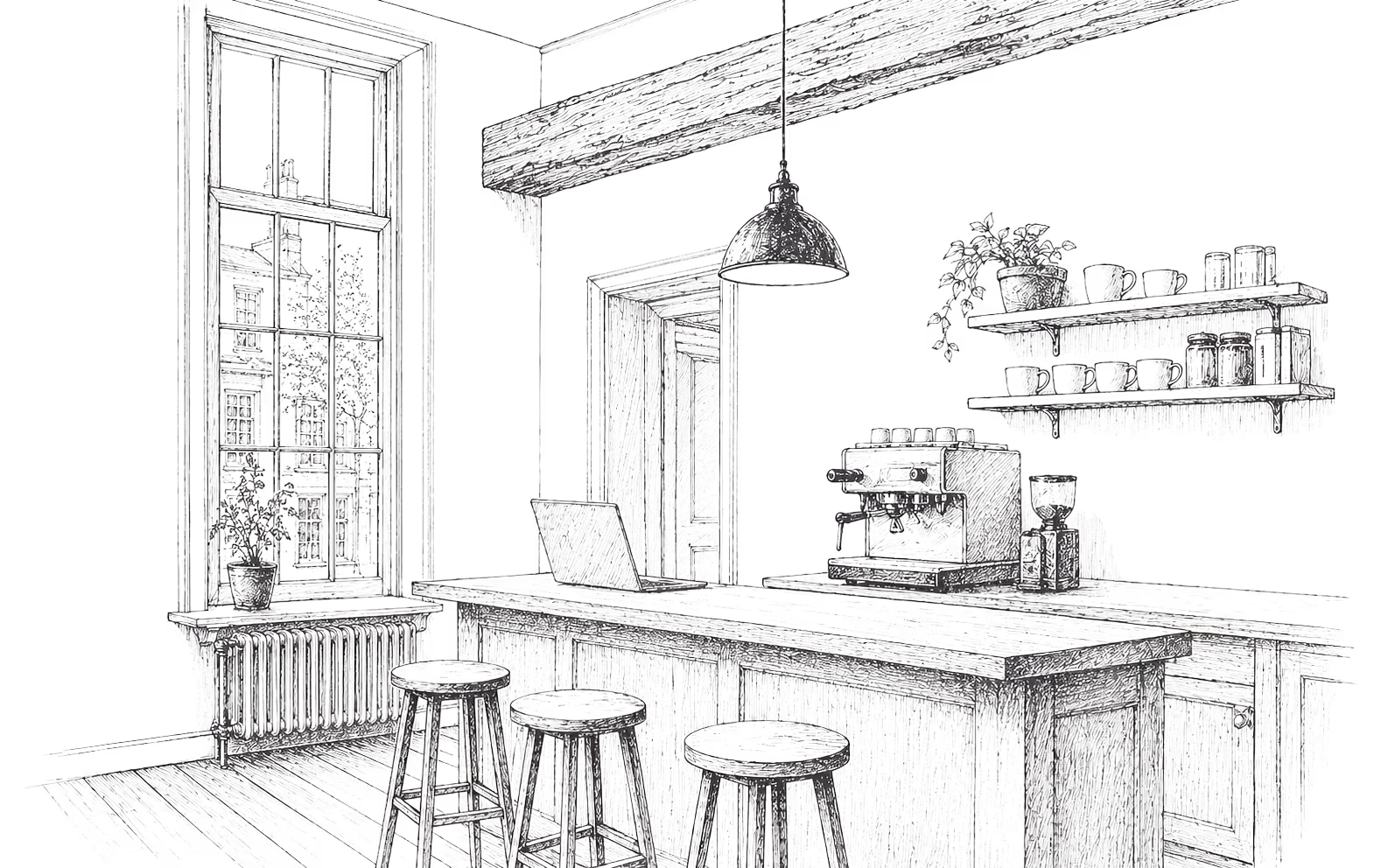 Pen-and-ink interior of the Studio 44 kitchen: tall canal-house window with Utrecht gabled rooflines visible, exposed beam, espresso machine, three bar stools