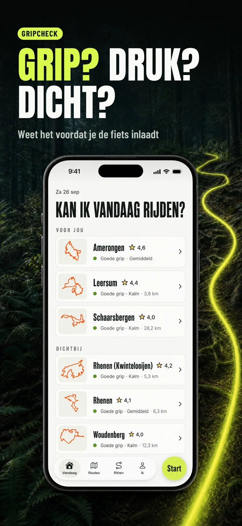 Kan ik vandaag rijden: grip en drukte per route dichtbij. Kop: Grip? Druk? Dicht?
