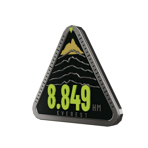 Medaille EVEREST: top in titanium met 8.849 hoogtemeters in lime op zes bergruggen